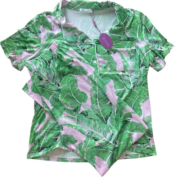 Leaf Print Pajama Set - Green and Pink - Picture 2 of 3